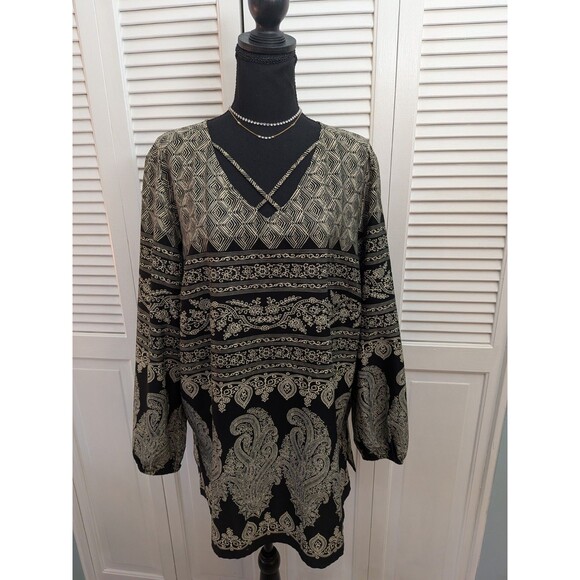 Chico's Tunic Womes XL/3 Paisley Black Tan Floral V-Neck Blouse Top Boho Flowy - Picture 1 of 12